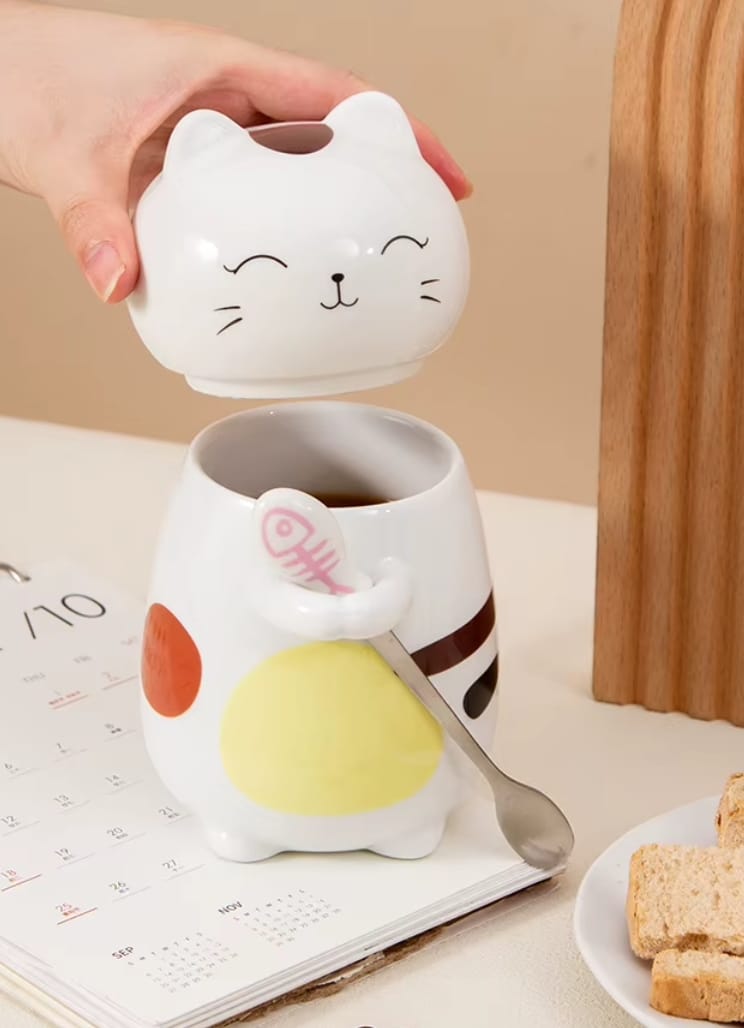 KITTY SHAPED KIDS MUG WITH LID AND SPOON